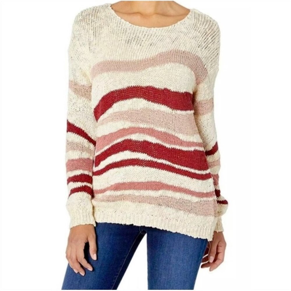 Vince Camuto Oasis Bloom Stripe Crew Neck Knit Sweater Pink White Women Size M
